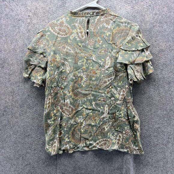 Nanette Lepore Blouse Womens Large Green Prairie Sage Ruffle Sleeve Paisley Top - Picture 3 of 12